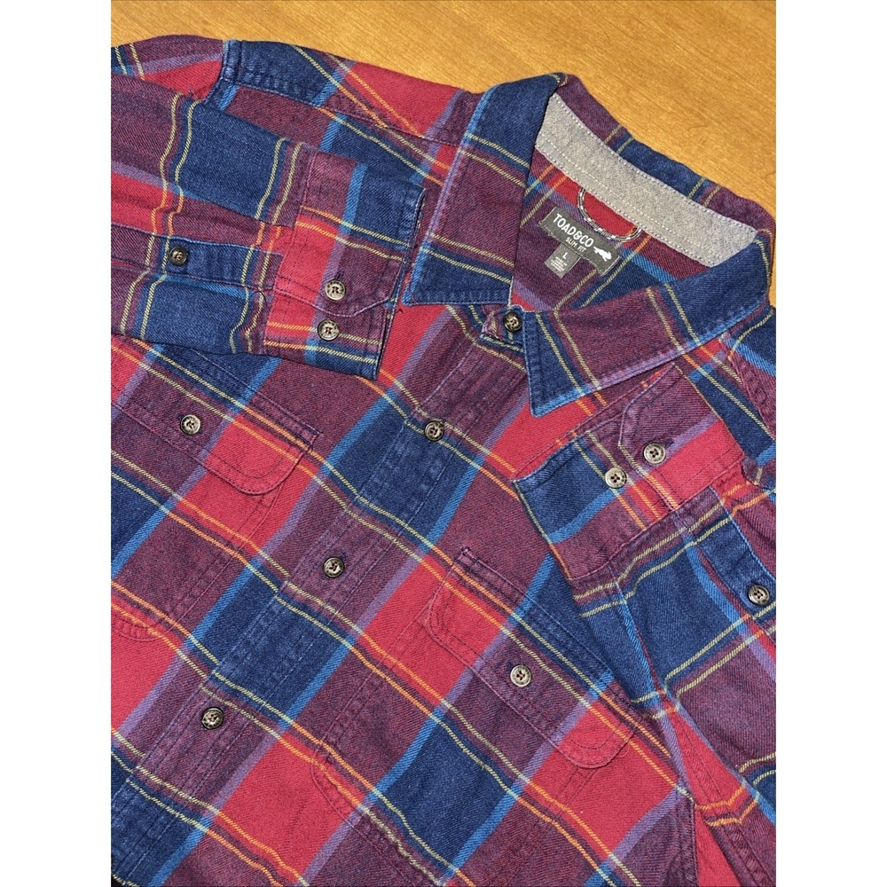 🐸 Toad & Co Slim Fit Indigo Flannel Shirt L Plaid Organic Cabincore Lumberjack